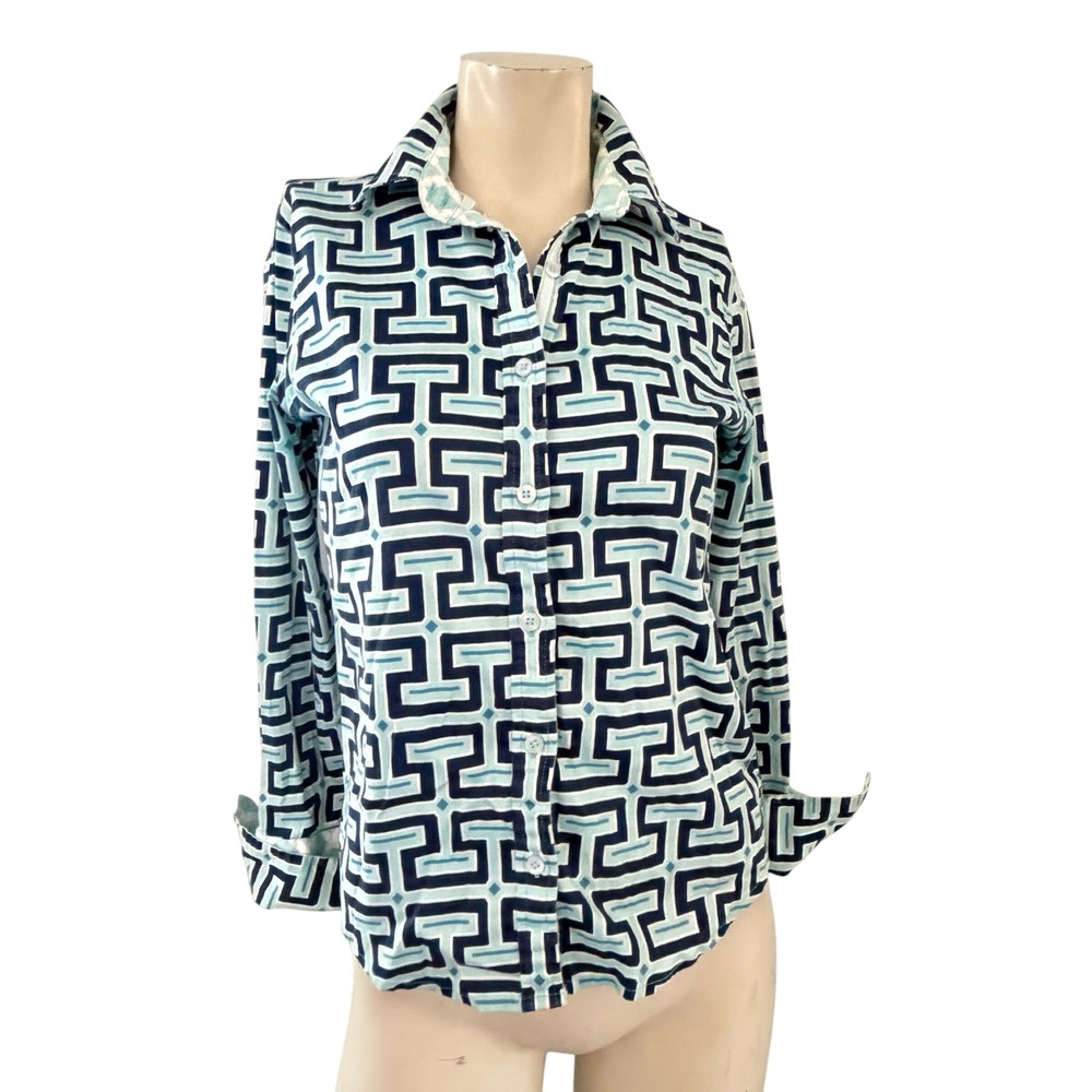 Tizzie Geometric Print Shirt Long Sleeve XS Statement Retro Mod Designer Preppy